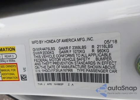 2018 Honda Accord Sport from USA, damaged, VIN 1HGCV1F3XJA167968